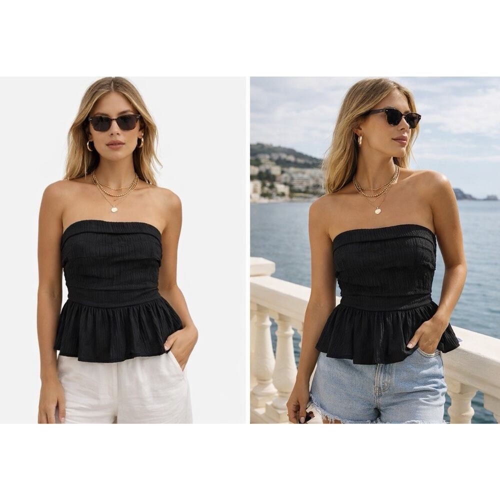 YOZY Strapless Peplum Top Women’s Medium Black Smocked Tube Bandeau NWT Y2K